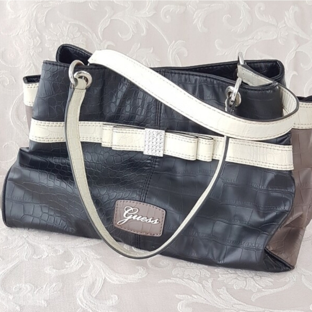 GUESS Hesperia Satchel Black Faux Crocodile Leather Rhinestone Bow Multi Pocket